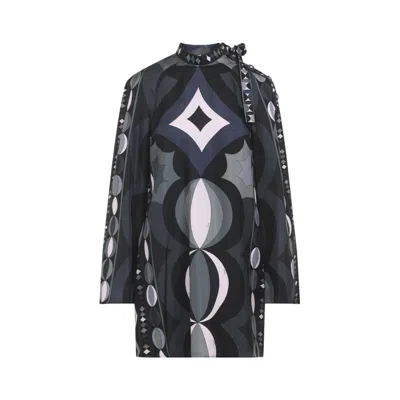 Pucci Geometric Pattern Long Sleeve High Neck Dress In Black