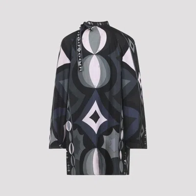 Pucci Geometric Pattern Long Sleeve High Neck Dress In Black