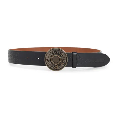 Acne Studios Smooth Leather Belt With Antique-finish Buckle And Decorative Patterns In Black