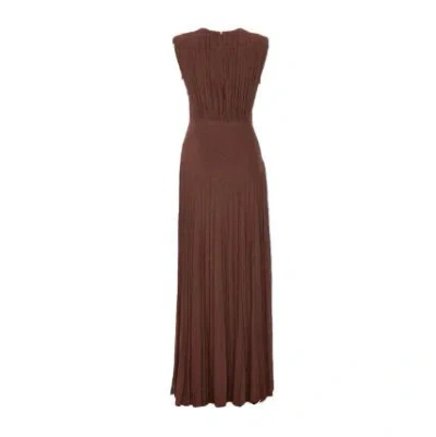 Elisabetta Franchi Celebrite V-neck Metallic Pleated Sleeveless Dress In Brown