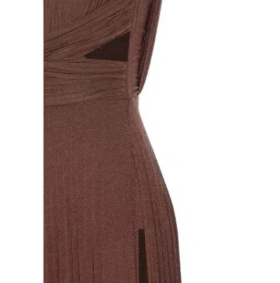 Elisabetta Franchi Celebrite V-neck Metallic Pleated Sleeveless Dress In Brown