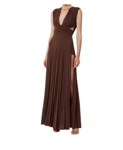 Elisabetta Franchi Celebrite V-neck Metallic Pleated Sleeveless Dress In Brown