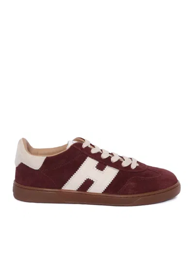 Hogan Burgundy Suede Low-top Sneakers With Contrasting Logo In Red