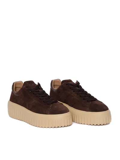 Hogan Leather Lace-up Sneakers Platform Sole In Brown