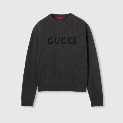 Gucci Grey Crewneck Sweater With Logo Lettering Embroidery On The Front In Wool Man In Gray