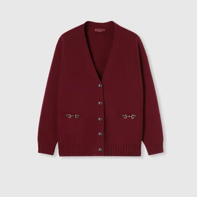 Gucci Women Bordeaux V-neck Cardigan With Metal Clamps On The Front In Wool And Cashmere Blend Woman In Burgundy
