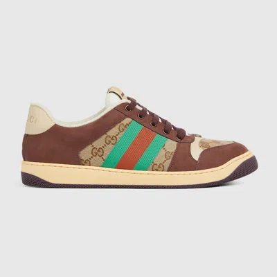 Gucci Leather And Gg Sneakers With Side Stripes In Brown