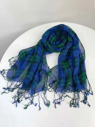 Lintico Vintage Plaid Linen Scarf Lightweight Sunshade Shawl In Blue