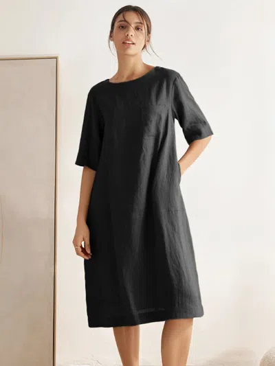 Lintico 100% Linen Mid-sleeve Maxi Dress Georgina In Black