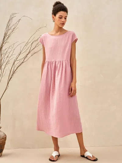 Lintico 100% Linen Cap Sleeve Washed Maxi Dress Joan In Pink