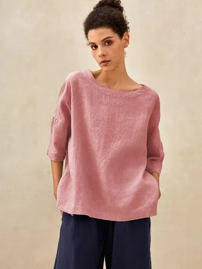 Lintico 100% Linen Boatneck 3/4 Length Sleeve Top Aurora In Pink
