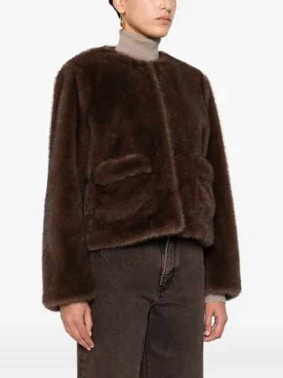 Maje Flap-pocket Faux-fur Jacket In Brown