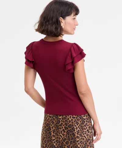 On 34th Women's Flutter-sleeve Ribbed Top, Created For Macy's In Red