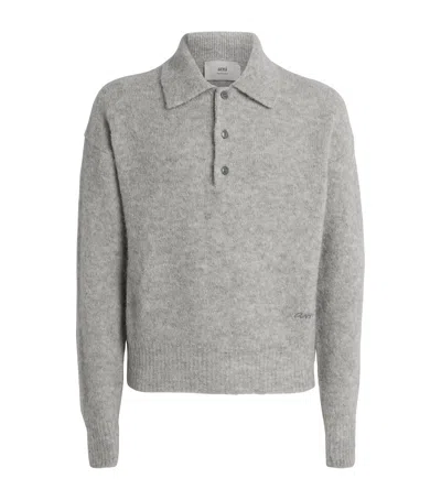 Ami Alexandre Mattiussi Light Grey Knit Sweater With Polo Collar And Three-button Placket In Gray
