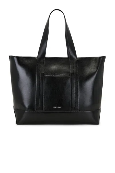 Alexander Mcqueen Rectangular Leather Shopping Tote Top Handles In Black