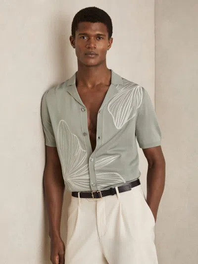 Reiss Mens Laurent Floral-embroidered Stretch-knit Shirt Soft Sage In Green