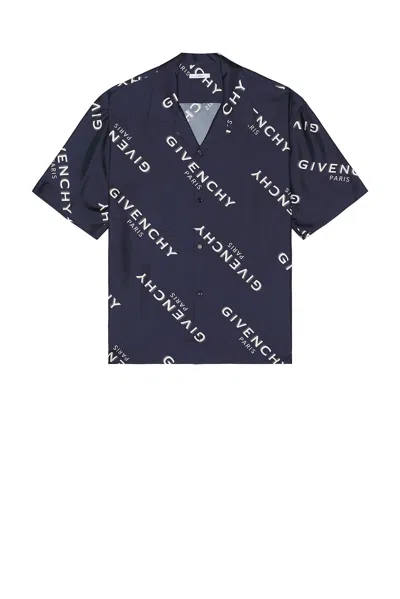 Givenchy Convertible-collar Logo-print Silk-twill Shirt In Blue