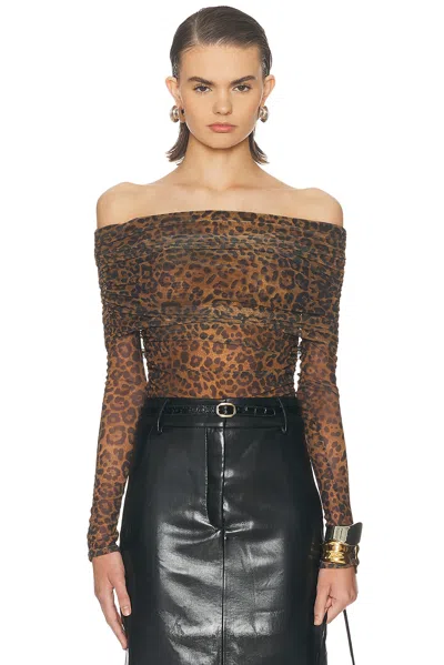 Lapointe Printed Mesh Off The Shoulder Top In Brown