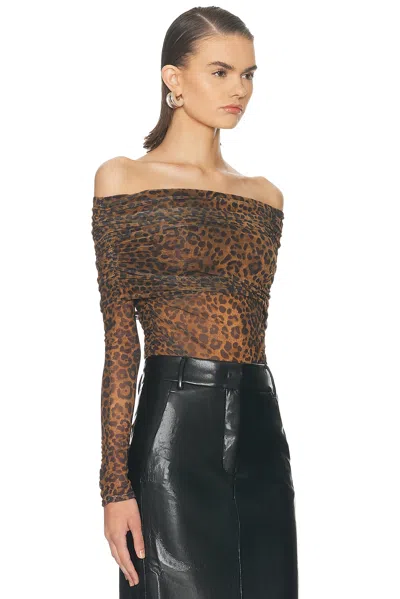 Lapointe Printed Mesh Off The Shoulder Top In Brown
