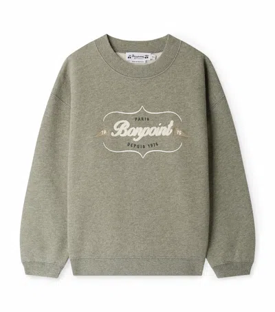Bonpoint Tonino Sweatshirt In Grey-green With Embroidered Logo In Green