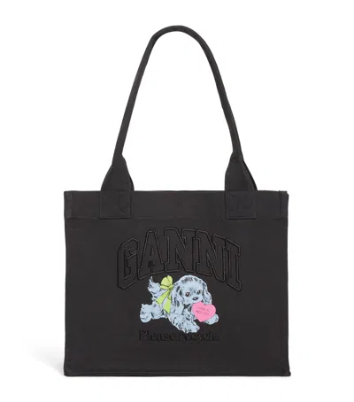 Ganni Black Large Black Shopper With Double Handles And Front Decoration In Cotton Woman In Black