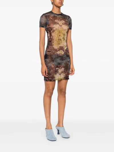 Jean Paul Gaultier Graphic Print Fitted Dress With Short Sleeves In Brown
