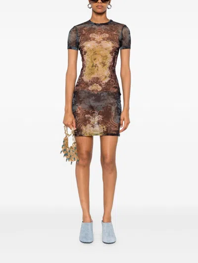 Jean Paul Gaultier Graphic Print Fitted Dress With Short Sleeves In Brown