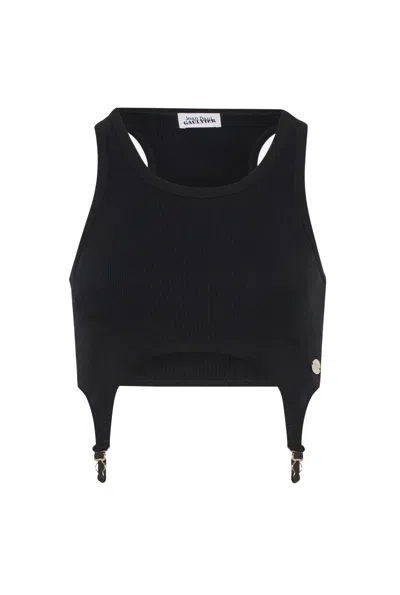 Jean Paul Gaultier Cotton Ribbed Bra With Lingerie Garter In Black