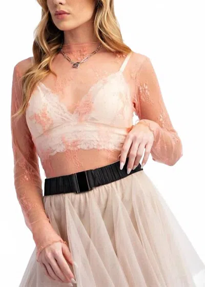 Easel All Over Sheer Long Sleeve Top In Peach In Pink