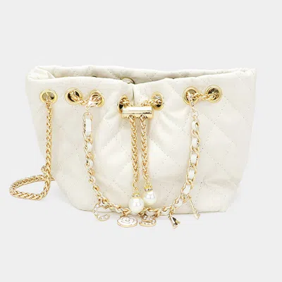 Fashnzfab Enamel Charm Chain Pointed Faux Leather Pearl Pointed Chain Mini Bucket Bag In Multi