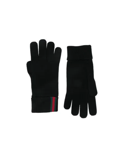 Gucci Knit Gloves With Ribbed Cuffs And Stripes In Black