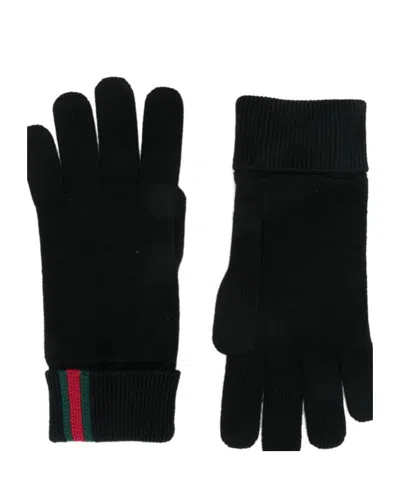 Gucci Knit Gloves With Ribbed Cuffs And Stripes In Black