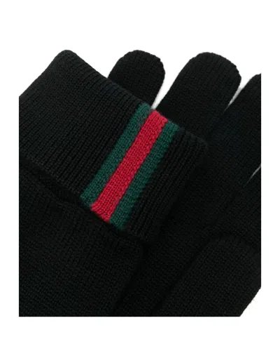 Gucci Knit Gloves With Ribbed Cuffs And Stripes In Black