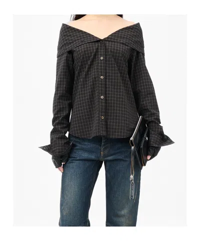 Our Legacy Off-the-shoulder Black Shirt With Subtle Grid Pattern In Black