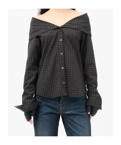 Our Legacy Off-the-shoulder Black Shirt With Subtle Grid Pattern In Black