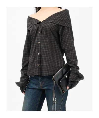 Our Legacy Off-the-shoulder Black Shirt With Subtle Grid Pattern In Black