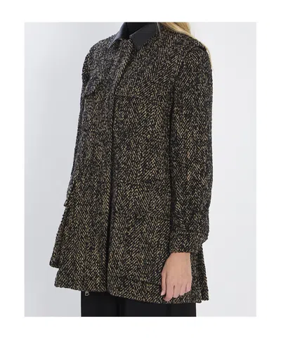 Max Mara Herringbone Pattern Wool Jacket With Leather Collar In Black