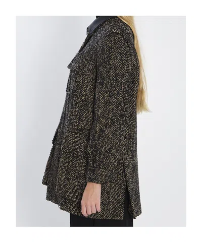 Max Mara Herringbone Pattern Wool Jacket With Leather Collar In Black