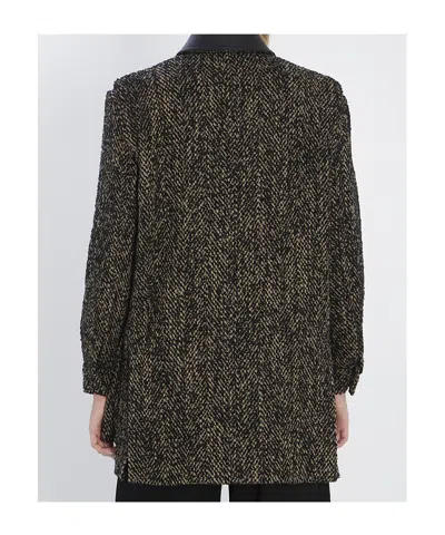 Max Mara Herringbone Pattern Wool Jacket With Leather Collar In Black