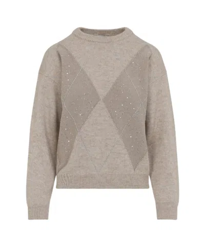 Peserico Cashmere Lurex-embellished Sweater With Diamond Pattern In Gray