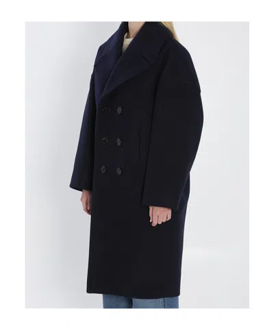Celine Long Double-breasted Wool Peacoat With Notch Lapel In Blue