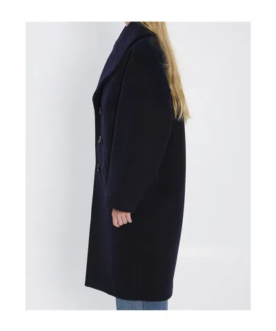 Celine Long Double-breasted Wool Peacoat With Notch Lapel In Blue