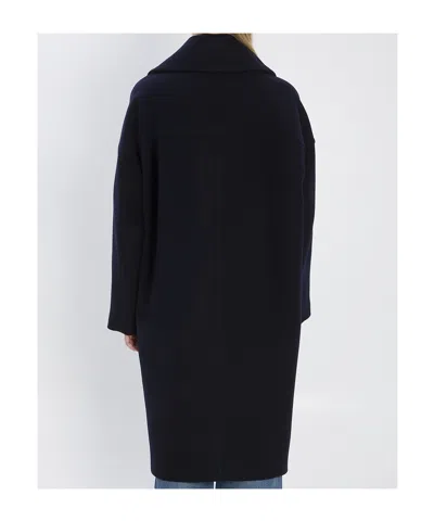 Celine Long Double-breasted Wool Peacoat With Notch Lapel In Blue