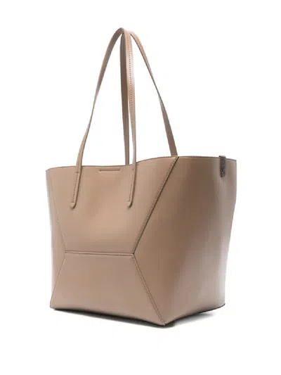 Brunello Cucinelli Beige Tote Bag With Logo Lettering On The Front And Geometric Panels Design In Leather Woman In Brown