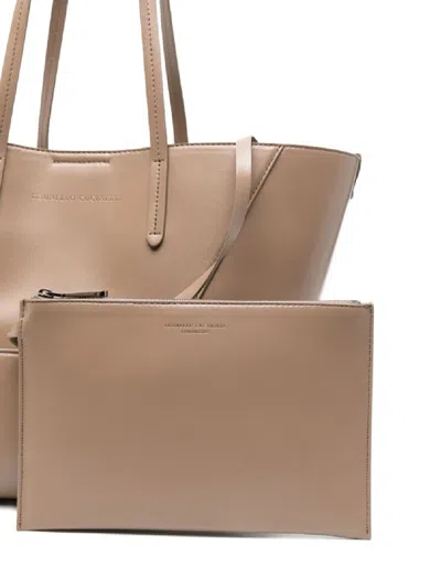 Brunello Cucinelli Beige Tote Bag With Logo Lettering On The Front And Geometric Panels Design In Leather Woman In Brown