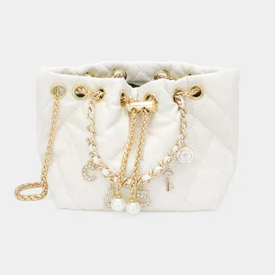 Fashnzfab Enamel Charm Chain Pointed Faux Leather Pearl Pointed Chain Mini Bucket Bag In White