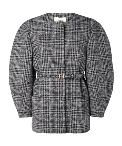 Fendi Women Blouson Jacket In Wool And Cotton Tweed With A Check Pattern In Gray