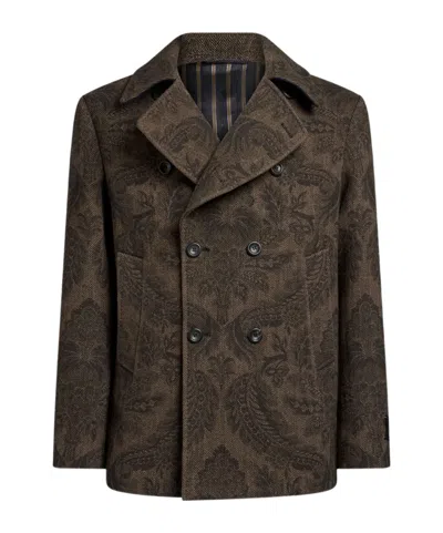 Etro Double-breasted Herringbone Paisley Coat In Brown