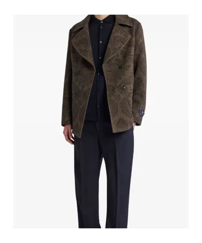 Etro Double-breasted Herringbone Paisley Coat In Brown