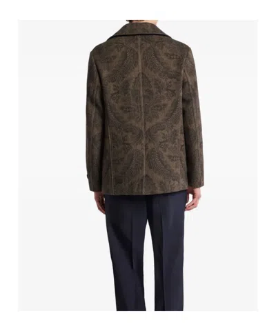 Etro Double-breasted Herringbone Paisley Coat In Brown